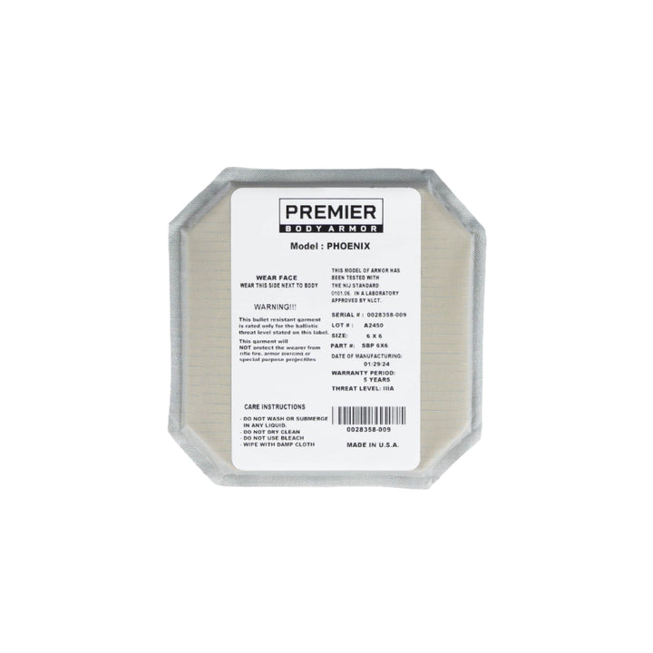 A square body armor panel labeled "Premier Body Armor 6x6 Cummerbund Armor" provides Level IIIA protection. The panel displays instructions and details including thickness, serial number, lot number, and warranty information. Text also includes care instructions and a warning message about ballistic defense.