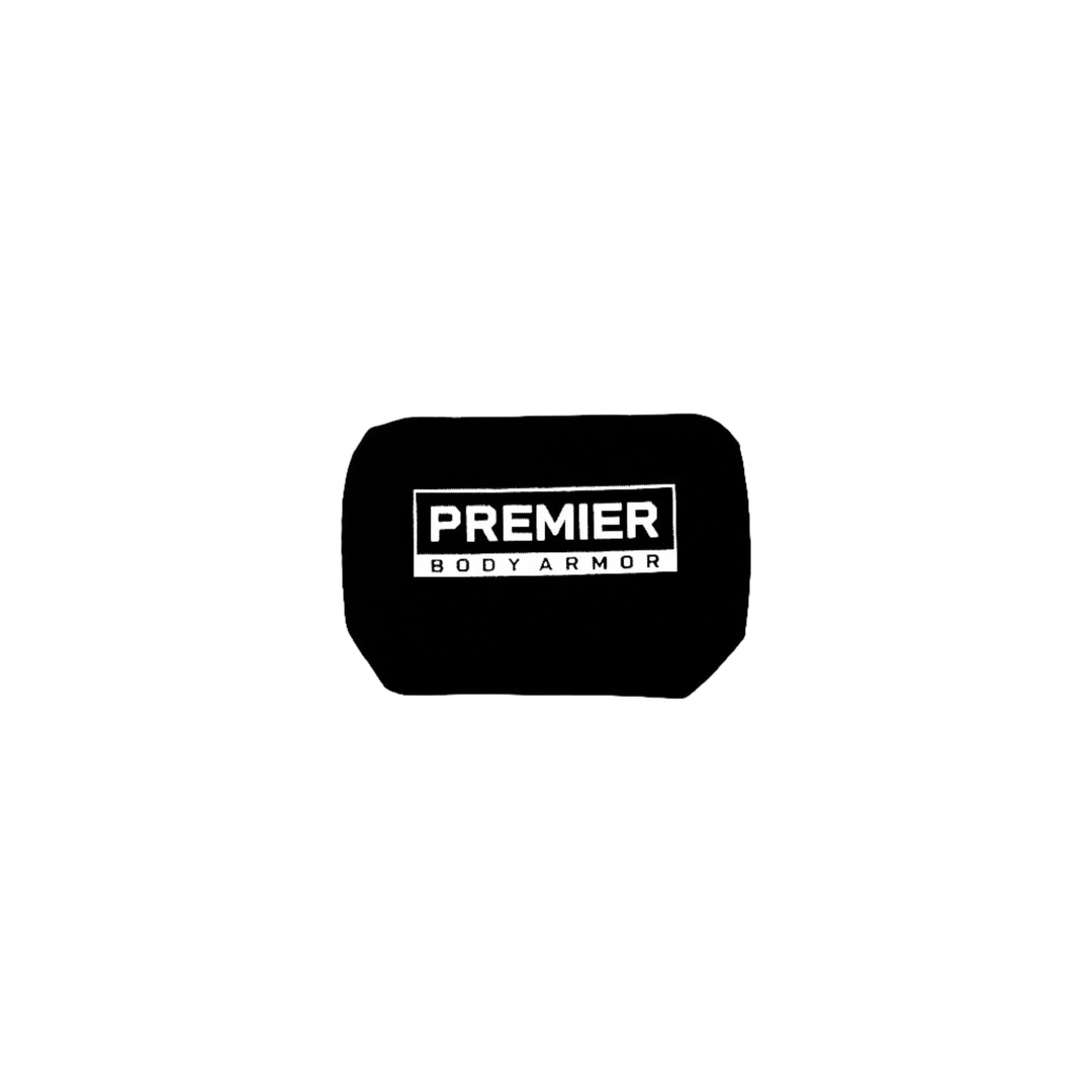 A rectangular black Level IIIA insert by Premier Body Armor, featuring "PREMIER BODY ARMOR" printed in white at the center, perfect for your Vertx MP Waist Pack.