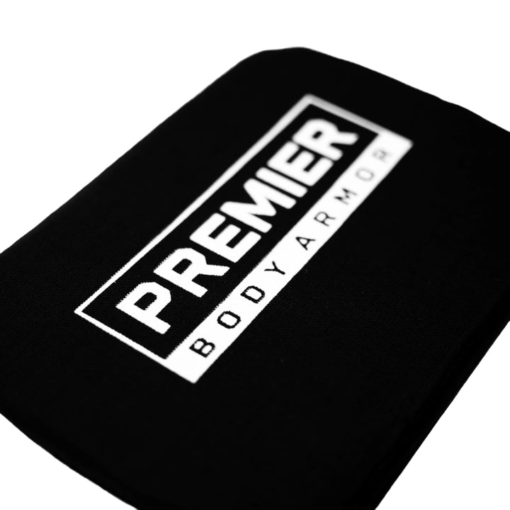 A black Vertx MP Waist Pack Level IIIA Insert featuring the white text "PREMIER BODY ARMOR" printed on it. The text is displayed in two lines, with "PREMIER" in bold and "BODY ARMOR" below it in smaller letters within a rectangular border. Ideal as a Level IIIA Backpack Body Armor ballistic insert. The background is plain white.