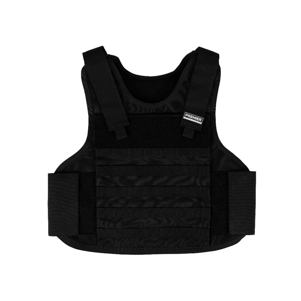 This Tactical and Concealable Vest Bundle from Premier Body Armor features a black vest with adjustable shoulder straps and side panels. It sports a grid pattern on the front along with a label near the top showcasing the brand "Premier." Designed for both protection and utility, it includes a Level IIIA ballistic package.