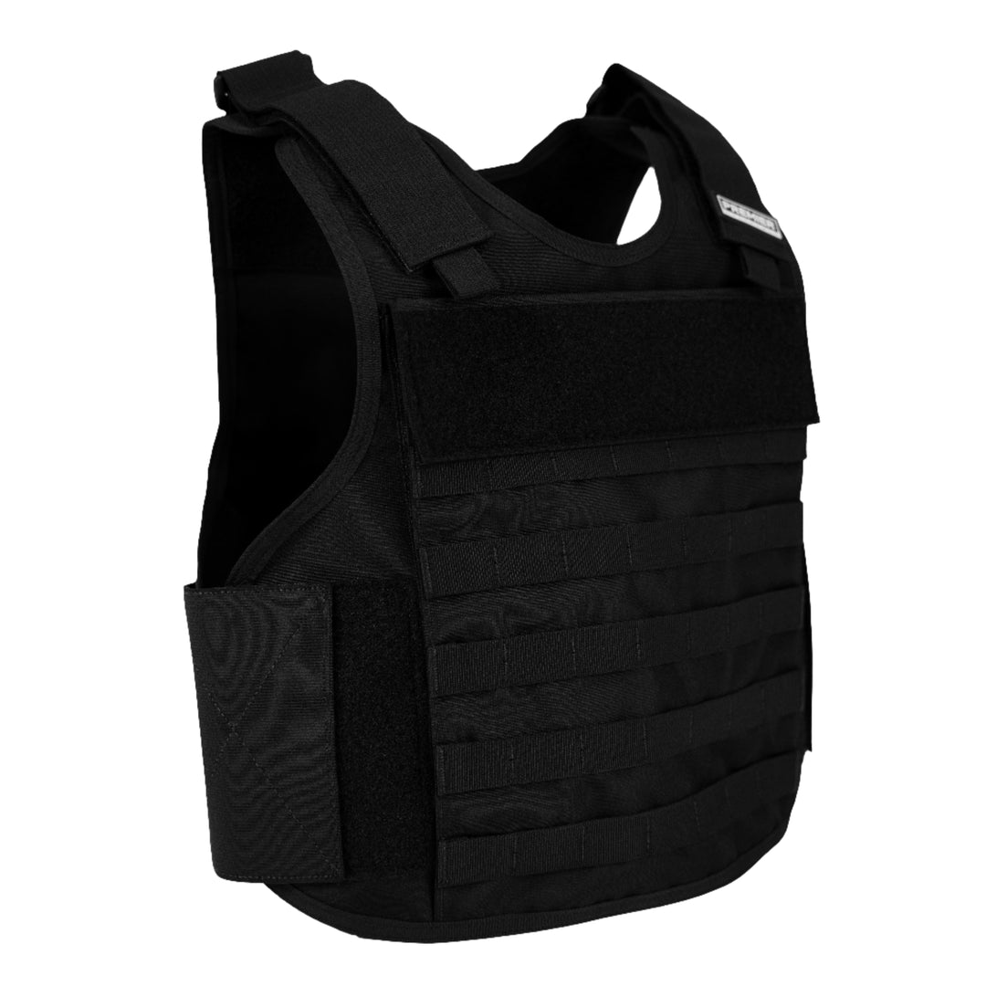 The image depicts the Premier Body Armor Tactical and Concealable Vest Bundle in black, featuring adjustable shoulder straps and multiple horizontal webbing layers on the front, perfect for attaching pouches or accessories. It includes a patch area on the chest, and its overall design is both sturdy and functional. This vest can easily accommodate a Level IIIA ballistic package for enhanced protection.