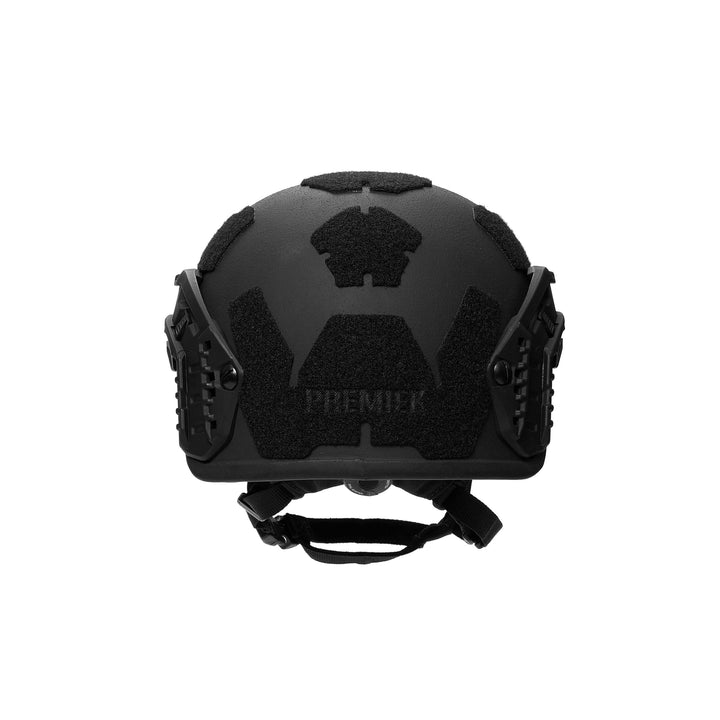 The black Fortis Ballistic Helmet by Premier Body Armor is displayed, showcasing advanced protection, padding, adjustable straps, a textured surface, and accessory side attachments. "PREMIER" is visible on the back, emphasizing its innovative design.