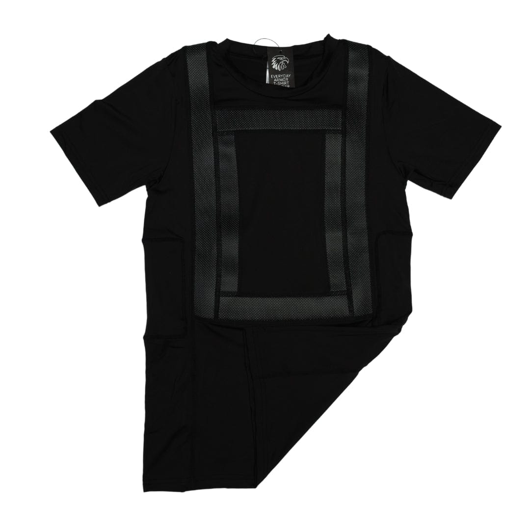 The Premier Body Armor Everyday Armor T-Shirt 360 Carrier Only is a black short-sleeve tee with a front rectangular panel design, featuring mesh-like strips—ideal as a lightweight compression carrier for ballistic inserts. The bottom right is partially folded up.