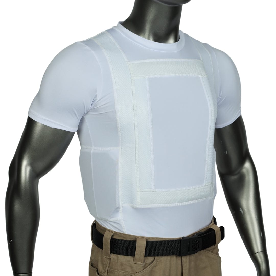A mannequin wears a Premier Body Armor Everyday Armor T-Shirt 360 (Armored): a white Level IIIA bulletproof vest over a white short-sleeve shirt, paired with khaki pants and a black belt; vest covers chest/sides and secures with velcro straps.