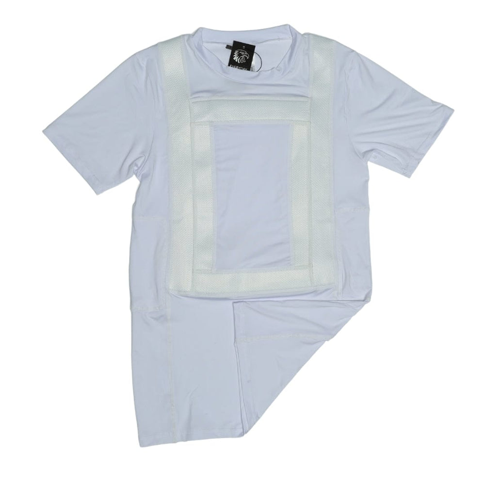 The Premier Body Armor Everyday Armor T-Shirt 360 Carrier Only is a white short-sleeve shirt with reinforced rectangular stitching, a white fabric harness for 360° coverage, and a black and white collar tag, shown laid flat on a white background.
