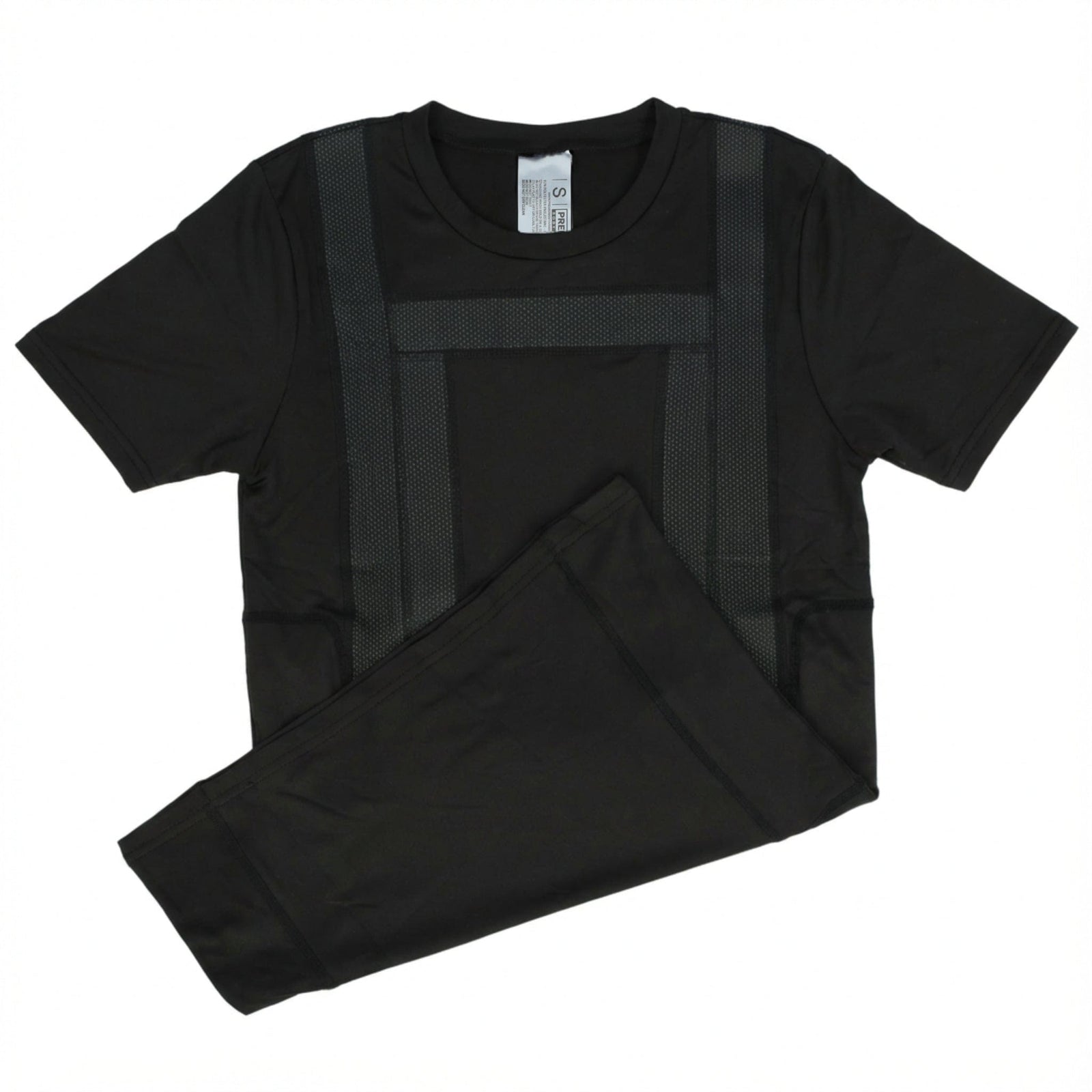 The Premier Body Armor Extra Carrier - Everyday Armor T-Shirt 360, a black short-sleeve shirt with two vertical and one horizontal textured stripe, is neatly folded next to matching black pants. Ideal as a body armor carrier.