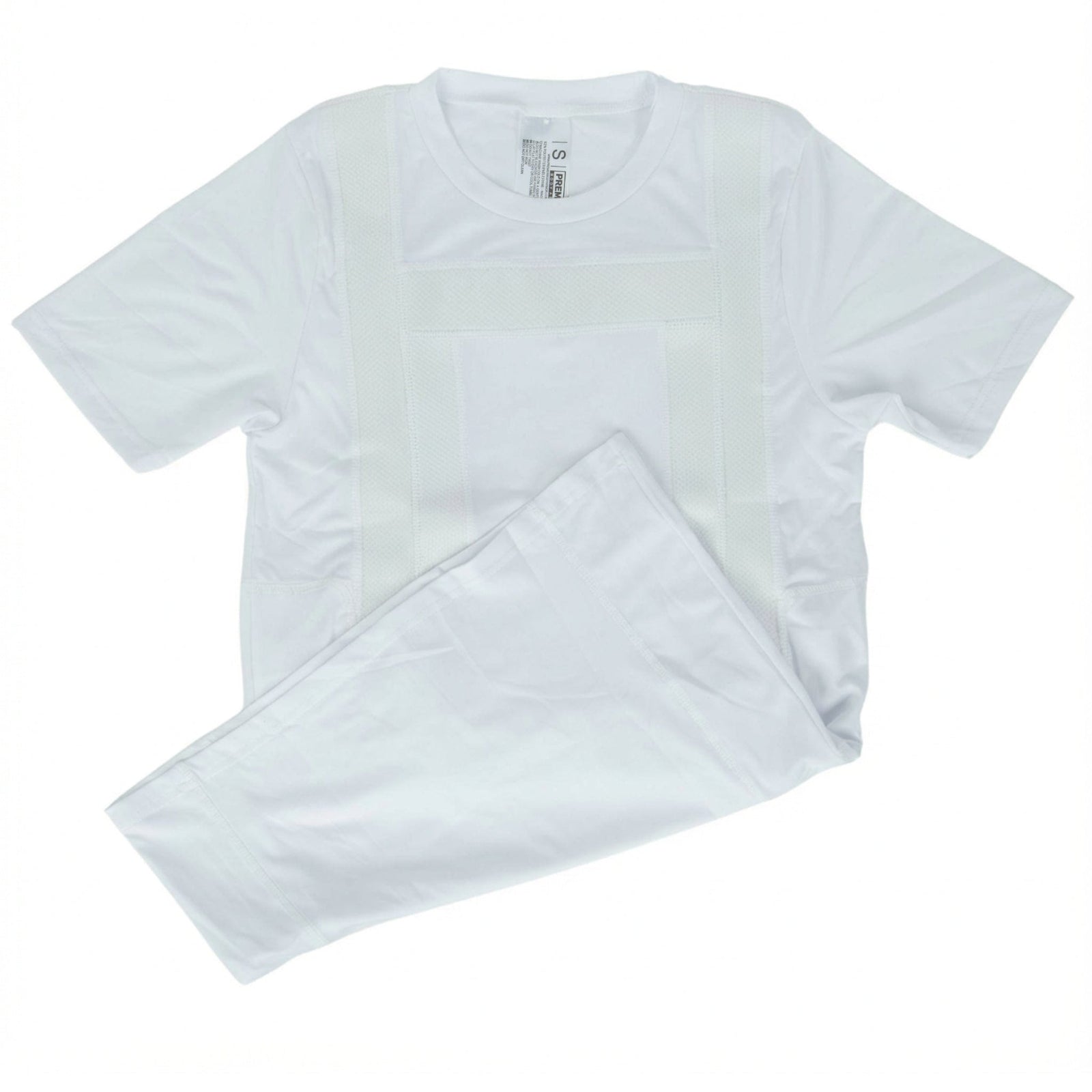 The Premier Body Armor Extra Carrier - Everyday Armor T-Shirt 360 is a white short-sleeve shirt with subtle panel detailing for discreet 360° body armor coverage, shown flat with matching white pants on a white background.