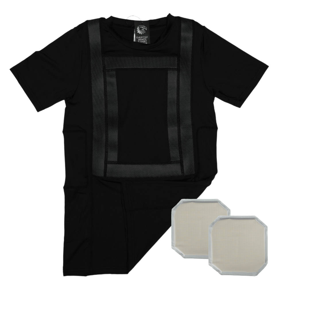 The Premier Body Armor Everyday Armor T-Shirt Upgrade Kit features a black t-shirt with reinforced vertical and horizontal front panels, shown with two Level IIIA mesh-like protective inserts for enhanced defense.