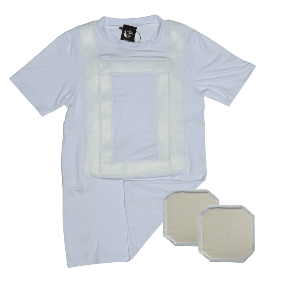 The Premier Body Armor Everyday Armor T-Shirt Upgrade Kit includes a white short-sleeve shirt with reinforced straps and two rectangular beige Level IIIA pads, displayed on a white background.