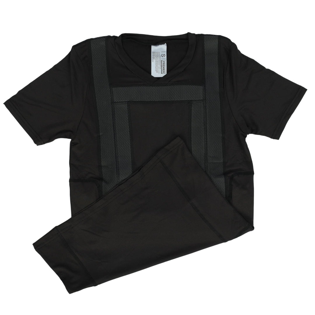 The Premier Body Armor Extra Carrier - Everyday Armor T-Shirt 360 is a black short-sleeve shirt with matching pants, both made of lightweight fabric. The shirt has textured front stripes and discreetly fits over a concealed body armor carrier.