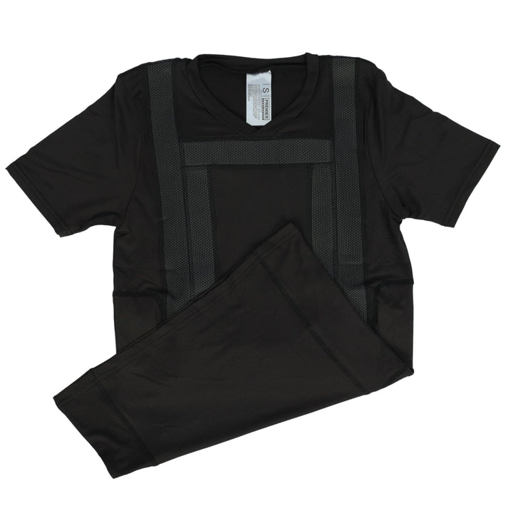 The Premier Body Armor Extra Carrier - Everyday Armor T-Shirt 360 is a black short-sleeve shirt with matching pants, both made of lightweight fabric. The shirt has textured front stripes and discreetly fits over a concealed body armor carrier.