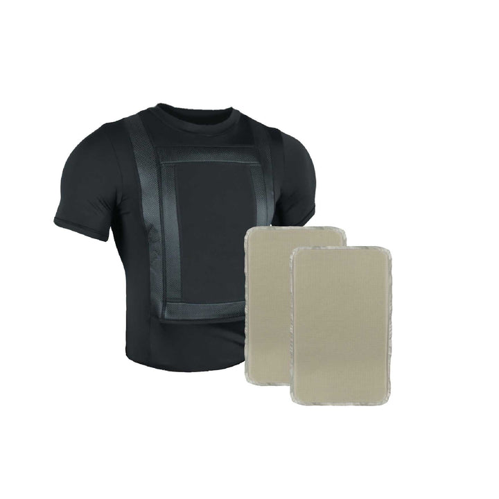 The Premier Body Armor Everyday Armor T-Shirt (Armored) in black is displayed, featuring a built-in vest. Two rectangular beige panels, resembling protective inserts for the Premier Body Armor vest, are placed beside the T-shirt against a plain white background.