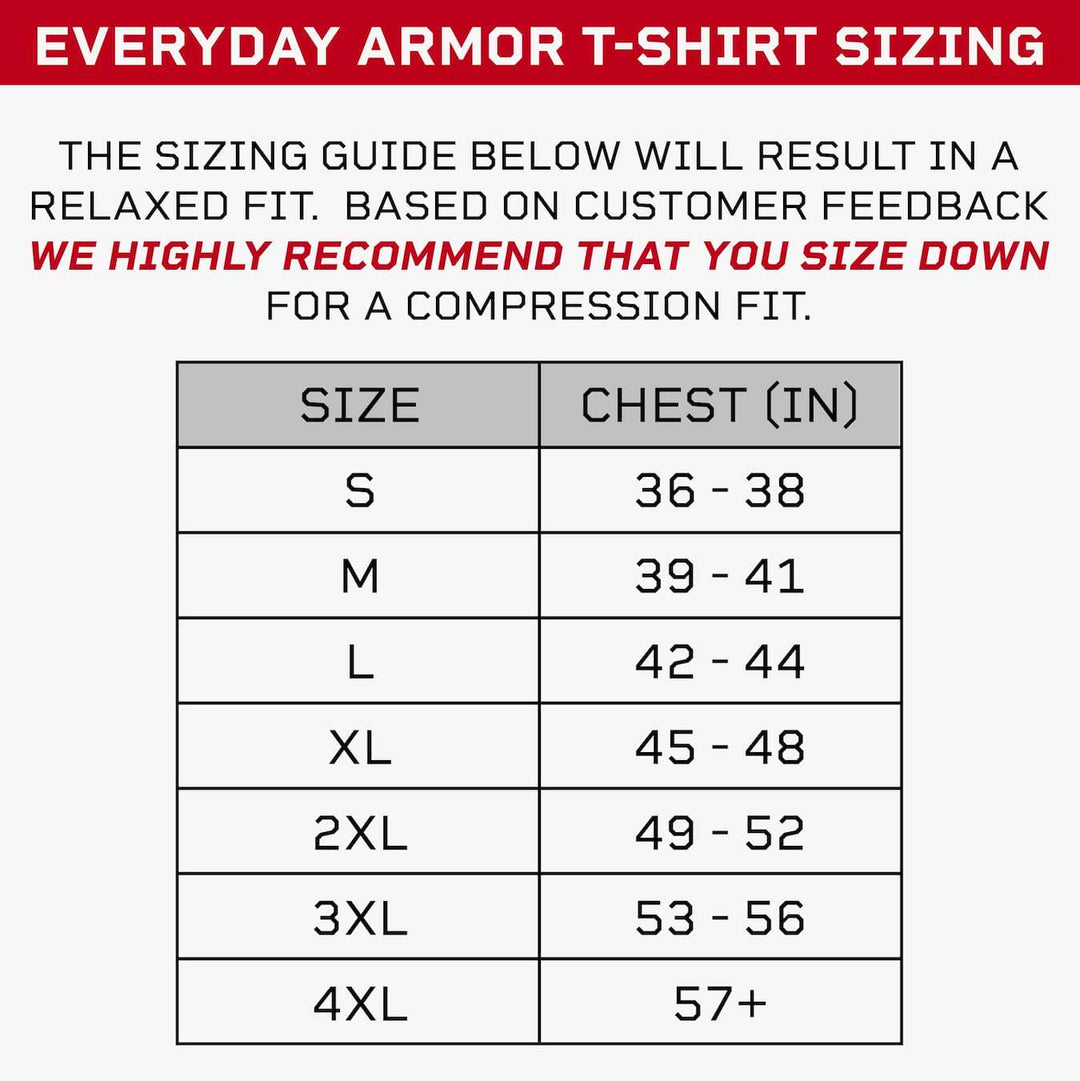 Discover your perfect fit with our sizing chart for the Premier Body Armor Everyday Armor T-Shirt (Armored). Available in sizes S to 4XL, chest measurements range from 36 to over 57 inches. For a compression fit, consider sizing down. Note: Designed to accommodate ballistic inserts for enhanced protection.