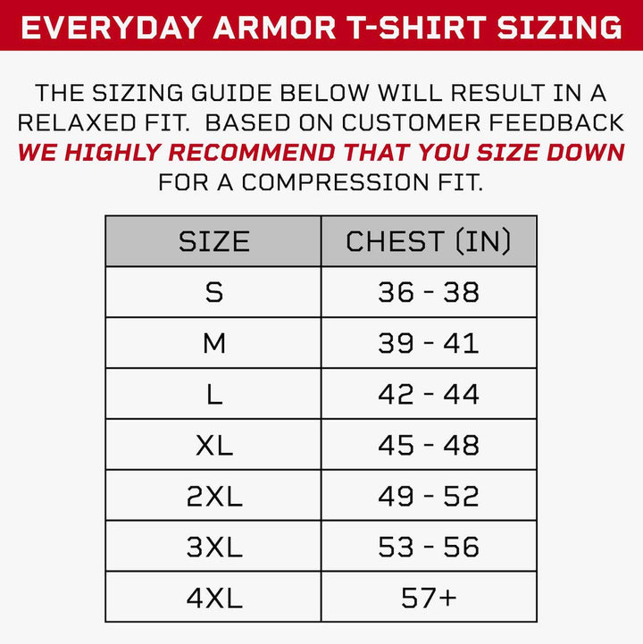 Sizing chart for the Everyday Armor T-Shirt Carrier Only by Premier Body Armor, comparable to a bulletproof vest with Level IIIA protection, featuring chest measurements in inches: S (36-38), M (39-41), L (42-44), XL (45-48), 2XL (49-52), 3XL (53-56), and 4XL (57+). Note recommends sizing down for best fit.