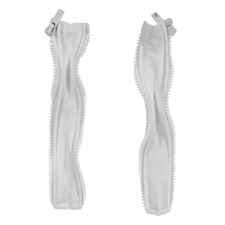 Two white zippers from Premier Body Armor's Extenders for Discreet Executive Vest are displayed vertically against a plain background. They are slightly open to reveal the fabric beneath, each featuring a silver zipper pull at the top.