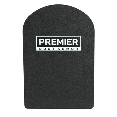 The Universal Fit Level III+ Rifle-Rated Backpack Insert by Premier Body Armor is a black, rectangular plate with a rounded top and features a "PREMIER BODY ARMOR" label in white near the center, meeting NIJ ballistic standards.