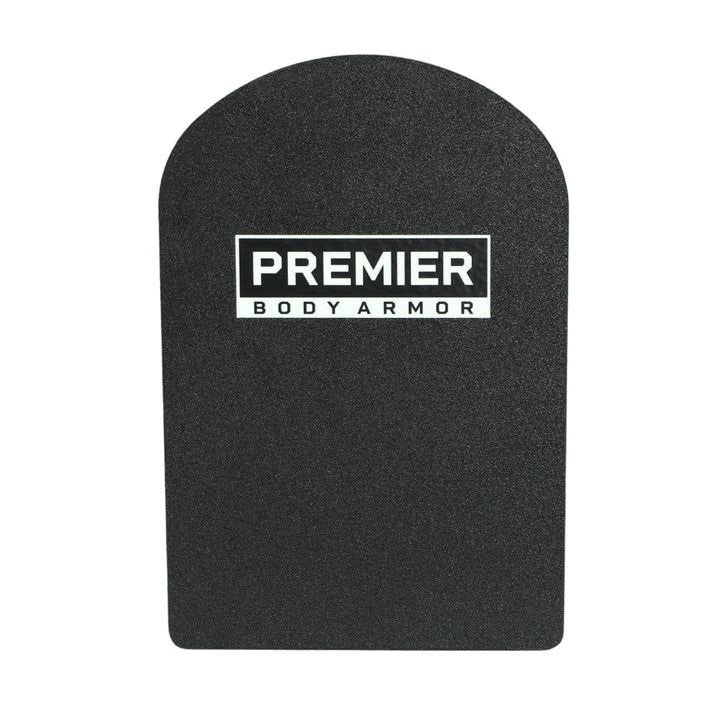 The Universal Fit Level III+ Rifle-Rated Backpack Insert by Premier Body Armor is a black, rectangular plate with a rounded top and features a "PREMIER BODY ARMOR" label in white near the center, meeting NIJ ballistic standards.