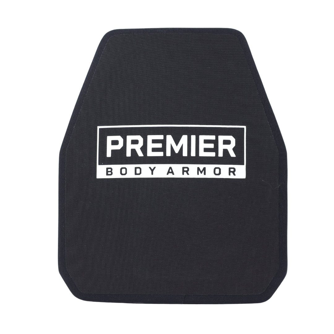 A black Fortis III+/RF1 ICW Multi-Curve armor plate with rounded corners, displaying "Premier Body Armor" in bold white letters on the front, is compatible with Level IIIA vests for enhanced protection.