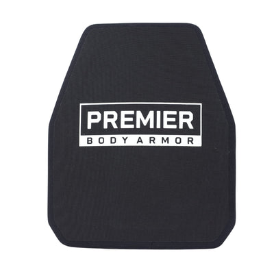 A black rectangular Fortis III+/RF1 Multi-Curve Level III ballistic plate by Premier Body Armor features slightly angled top corners and "PREMIER BODY ARMOR" in white at the center. This lightweight body armor offers advanced protection.
