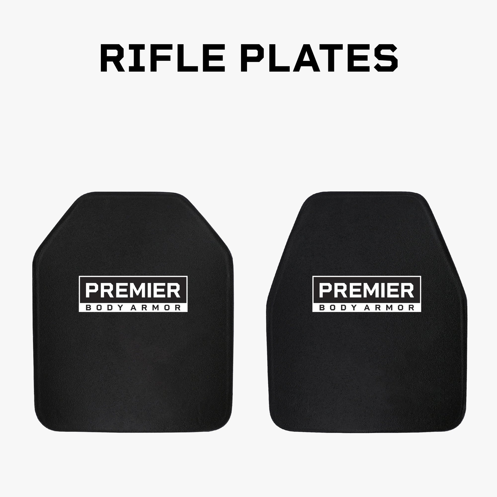 A pair of black rifle plates are shown against a white background. The plates feature the text "PREMIER BODY ARMOR" in white, and "RIFLE PLATES" is written at the top of the image. The plates have a slightly curved top.