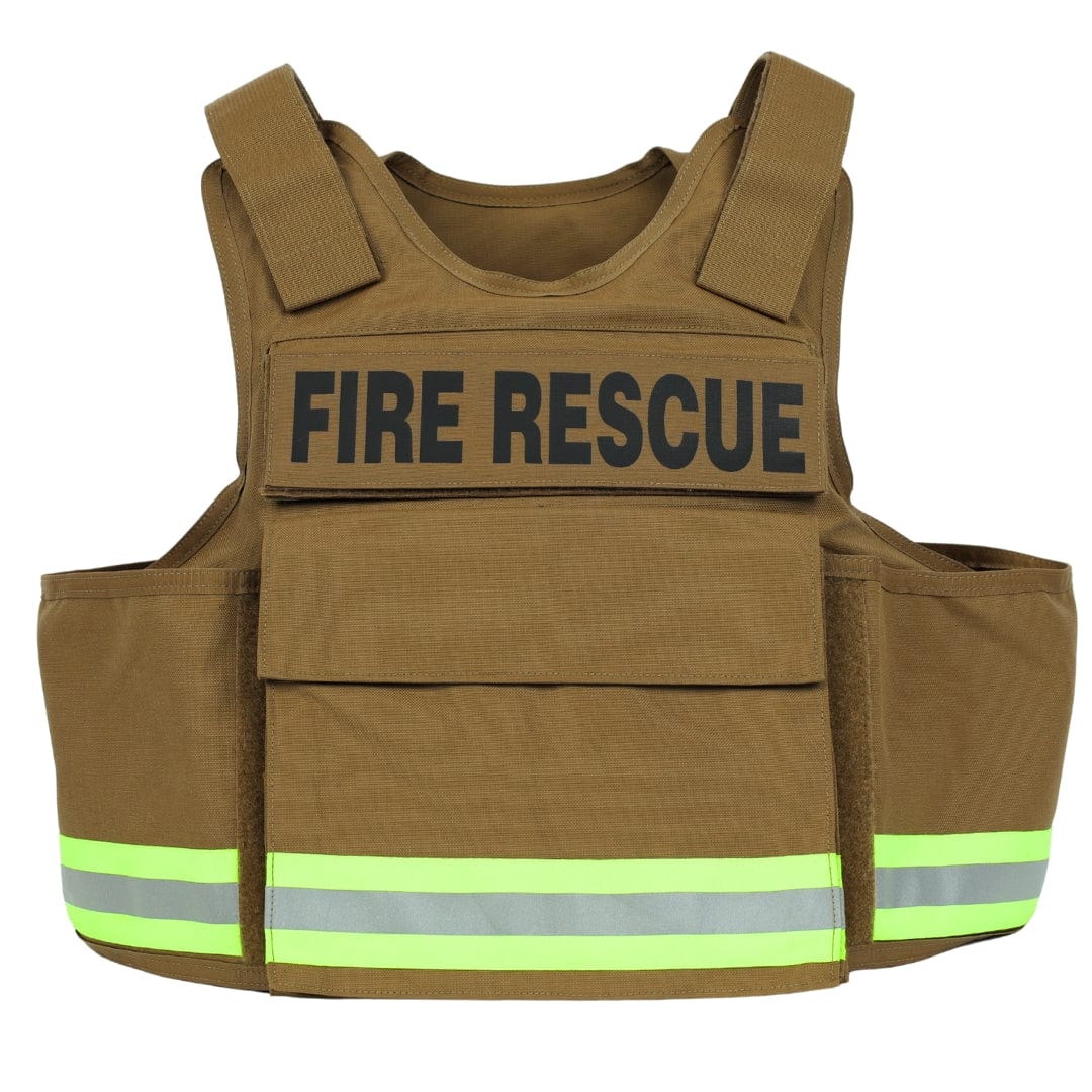 The Premier Body Armor Firefighter Vest is a tan high-visibility vest labeled "FIRE RESCUE" in bold black letters, featuring wide shoulder straps and horizontal yellow and silver reflective stripes, designed for firefighters.