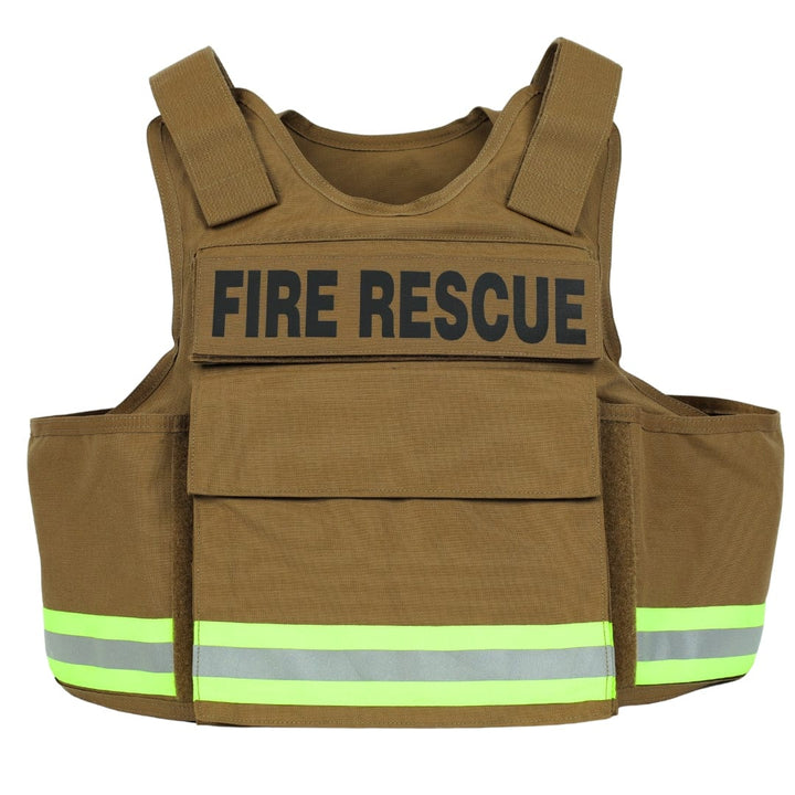 The Premier Body Armor Firefighter Vest is a tan high-visibility vest labeled "FIRE RESCUE" in bold black letters, featuring wide shoulder straps and horizontal yellow and silver reflective stripes, designed for firefighters.