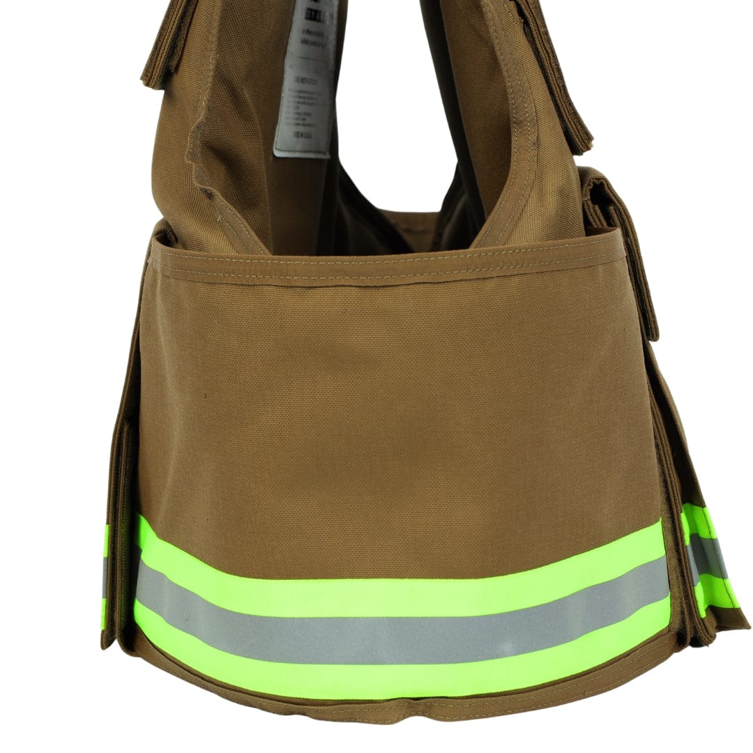 The Premier Body Armor Firefighter Vest is designed for visibility and safety, featuring bright yellow and silver reflective stripes—ideal for pairing with brown firefighter pants while on duty.