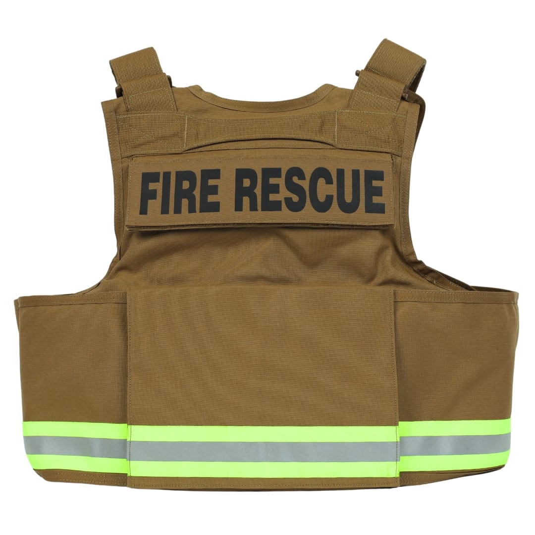 The Premier Body Armor Firefighter Vest is a brown carrier with "FIRE RESCUE" in bold black on the back, wide shoulder straps, and two horizontal reflective stripes near the bottom for high visibility.