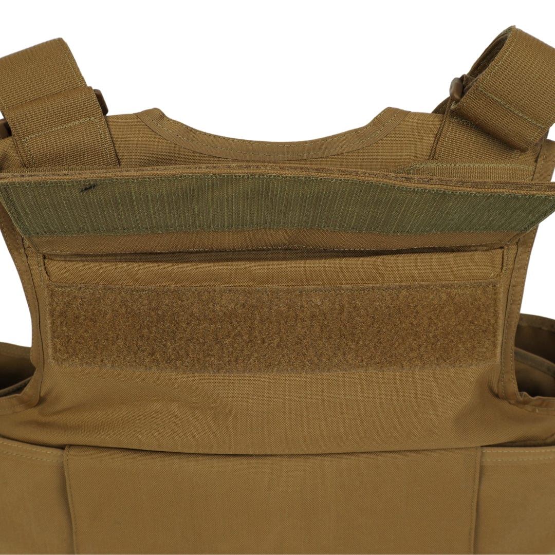Close-up of the upper back of the Premier Body Armor Firefighter Vest in brown, featuring Velcro fastenings and adjustable shoulder straps, designed to fit soft armor for added protection.