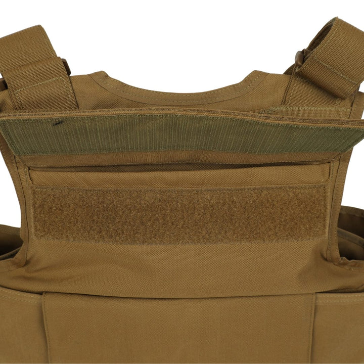 Close-up of the upper back of the Premier Body Armor Firefighter Vest in brown, featuring Velcro fastenings and adjustable shoulder straps, designed to fit soft armor for added protection.