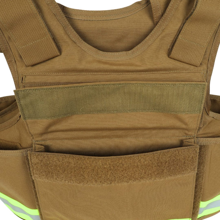 A close-up of the Premier Body Armor Firefighter Vest, a brown high-visibility vest with Velcro straps, reflective strips, multiple pockets, and reinforced stitching designed for firefighters.