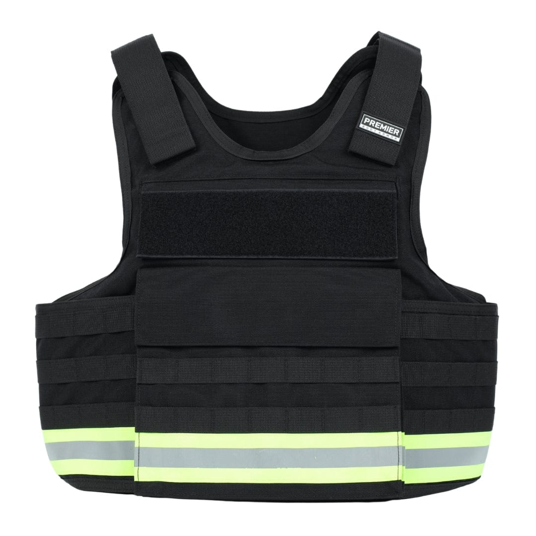The Premier Body Armor Firefighter Vest is black with two yellow-green reflective stripes near the bottom and adjustable shoulder straps, shown on a white background.