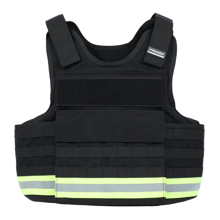 The Premier Body Armor Firefighter Vest is black with two yellow-green reflective stripes near the bottom and adjustable shoulder straps, shown on a white background.