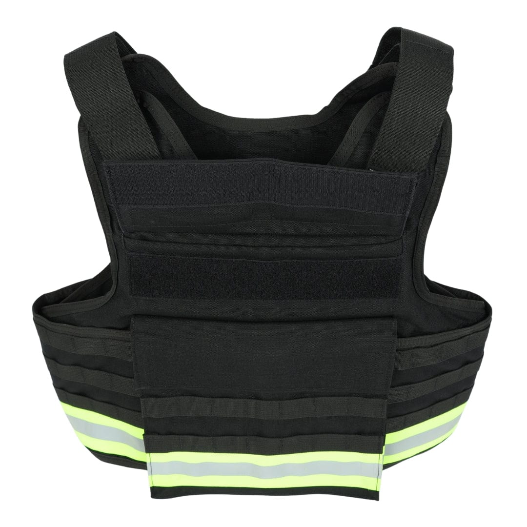 The Premier Body Armor Firefighter Vest is black with wide shoulder straps, a large front pocket, and two yellow reflective stripes at the bottom. Built from durable material, it's ideal for firefighter use.