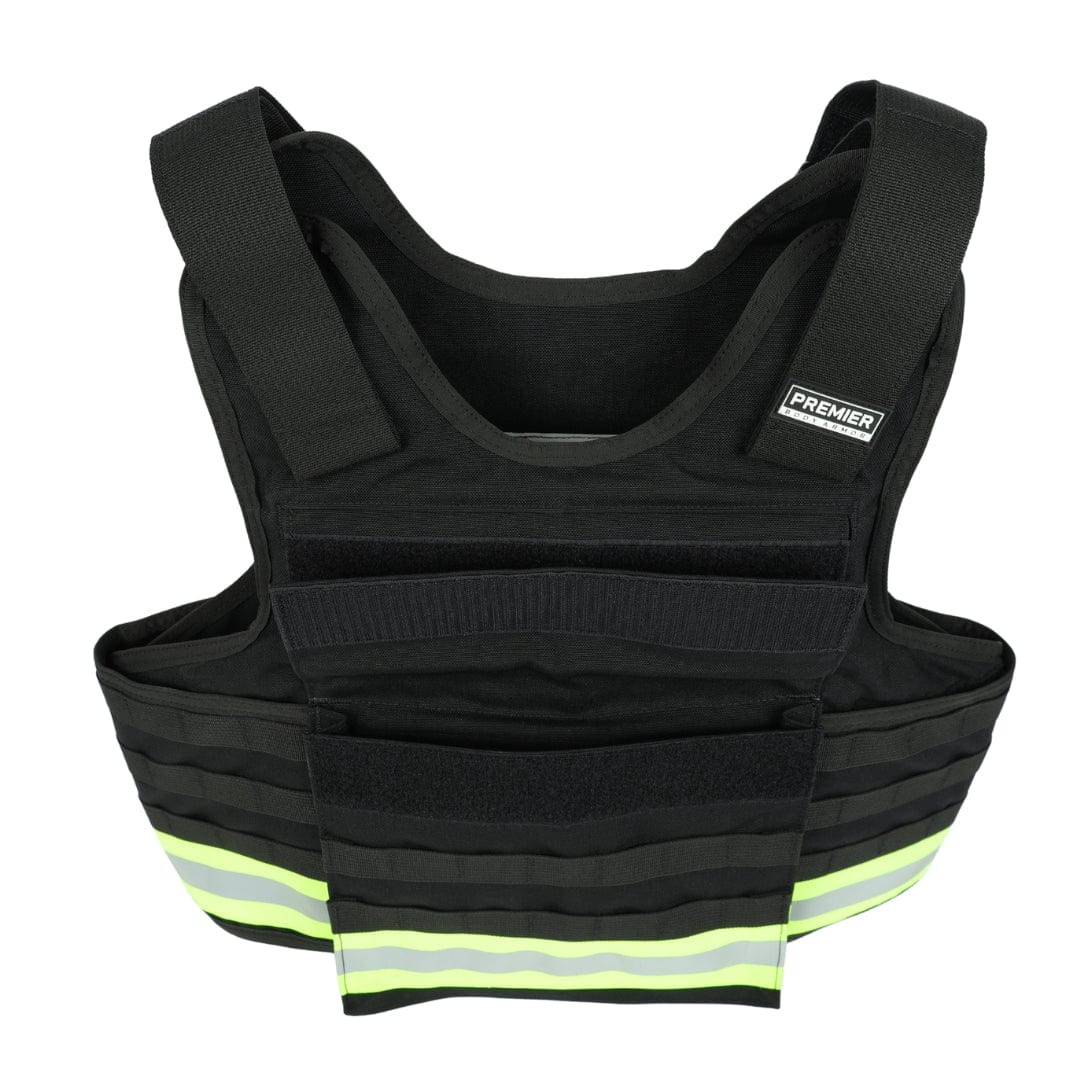 The Premier Body Armor Firefighter Vest is black with wide shoulder straps, reflective yellow-green stripes near the bottom, multiple horizontal slots, a front velcro section, and a brand label on the upper right front.