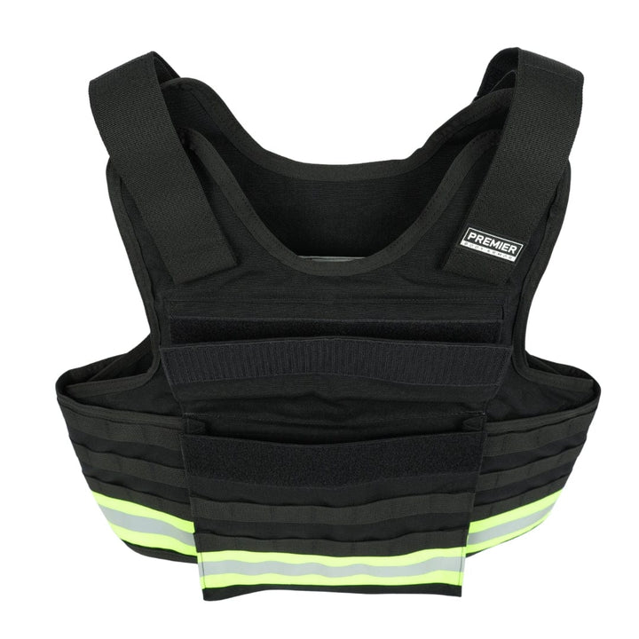 The Premier Body Armor Firefighter Vest is black with wide shoulder straps, reflective yellow-green stripes near the bottom, multiple horizontal slots, a front velcro section, and a brand label on the upper right front.