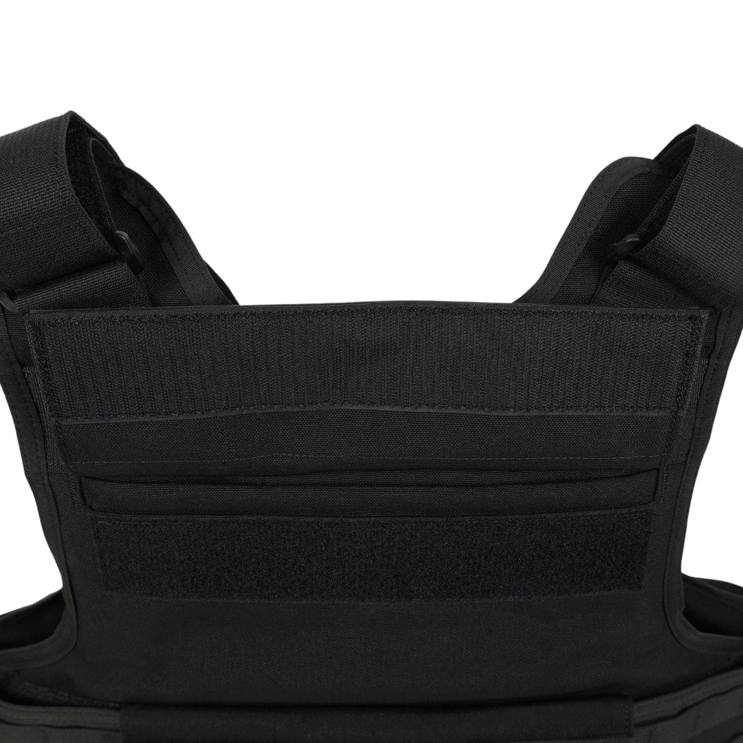 Close-up of the upper front section of the Premier Body Armor Firefighter Vest, highlighting its black color, shoulder straps, detailed stitching, and Velcro panels.