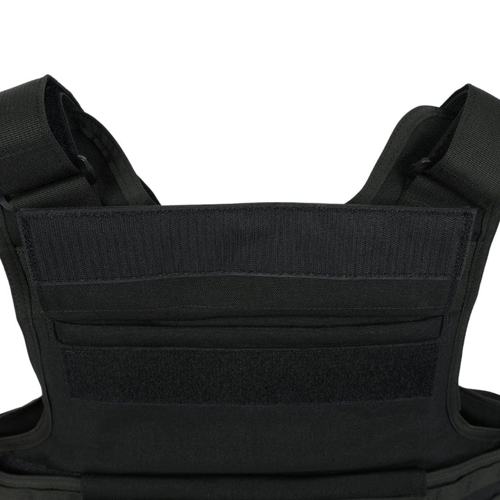 Close-up of the upper front section of the Premier Body Armor Firefighter Vest, highlighting its black color, shoulder straps, detailed stitching, and Velcro panels.