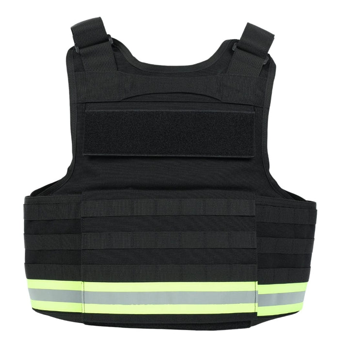 The Premier Body Armor Firefighter Vest is a black tactical high-visibility vest with adjustable straps, Velcro panels, webbing, and two yellow-green reflective stripes—ideal as a soft armor carrier.