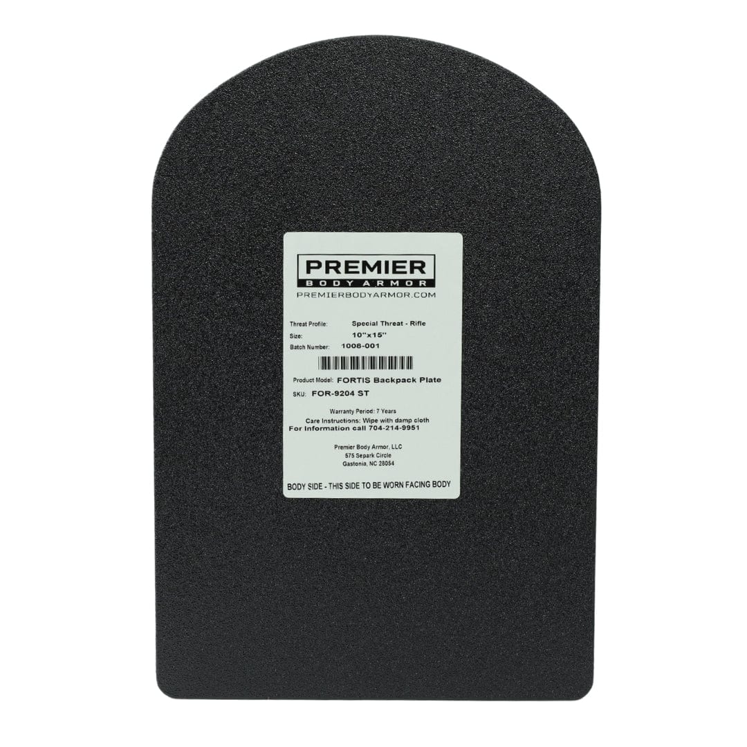 A black rectangular armor panel with a rounded top, labeled "Premier Body Armor," the 10x15 Special Threat Rifle-Rated Backpack Insert provides NIJ ballistic protection and includes product info and use instructions—ideal for reliable backpack defense.