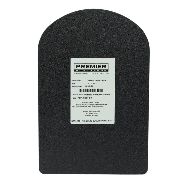 A black rectangular armor panel with a rounded top, labeled "Premier Body Armor," the 10x15 Special Threat Rifle-Rated Backpack Insert provides NIJ ballistic protection and includes product info and use instructions—ideal for reliable backpack defense.