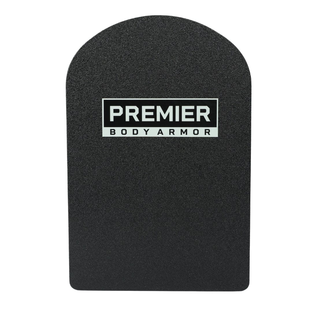 The Premier Body Armor 10x15 Special Threat Rifle-Rated Backpack Insert is a black, rectangular insert with a rounded top and features "PREMIER BODY ARMOR" in white on a black label at the upper center.