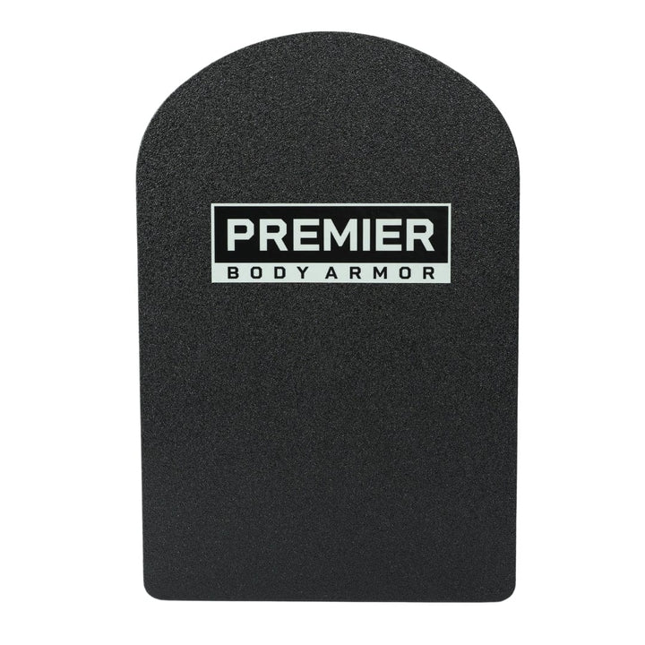 The Premier Body Armor 10x15 Special Threat Rifle-Rated Backpack Insert is a black, rectangular insert with a rounded top and features "PREMIER BODY ARMOR" in white on a black label at the upper center.