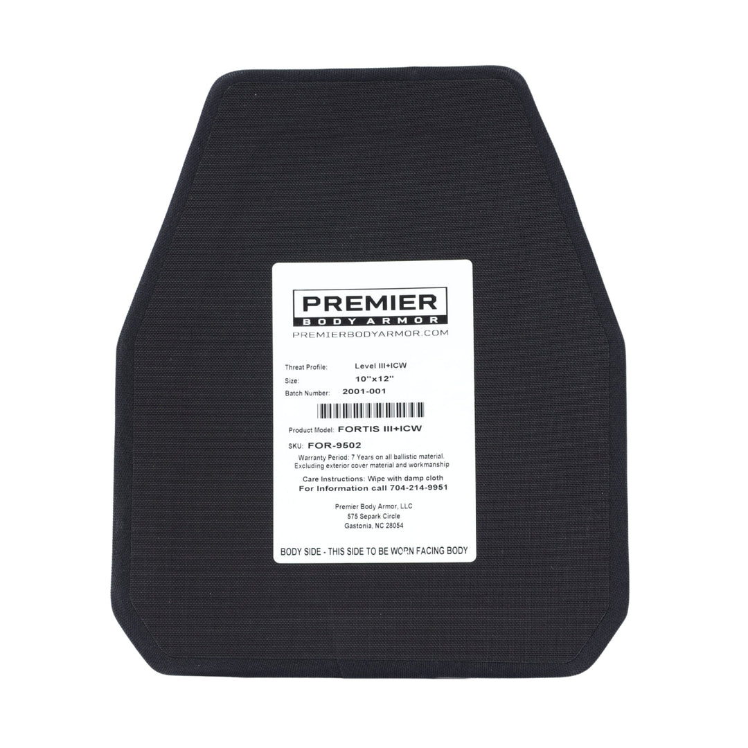 A rectangular black Fortis III+/RF1 ICW Multi-Curve ballistic plate by Premier Body Armor features a white central label with product and manufacturer details and is designed for use with a Level IIIA ballistic vest.