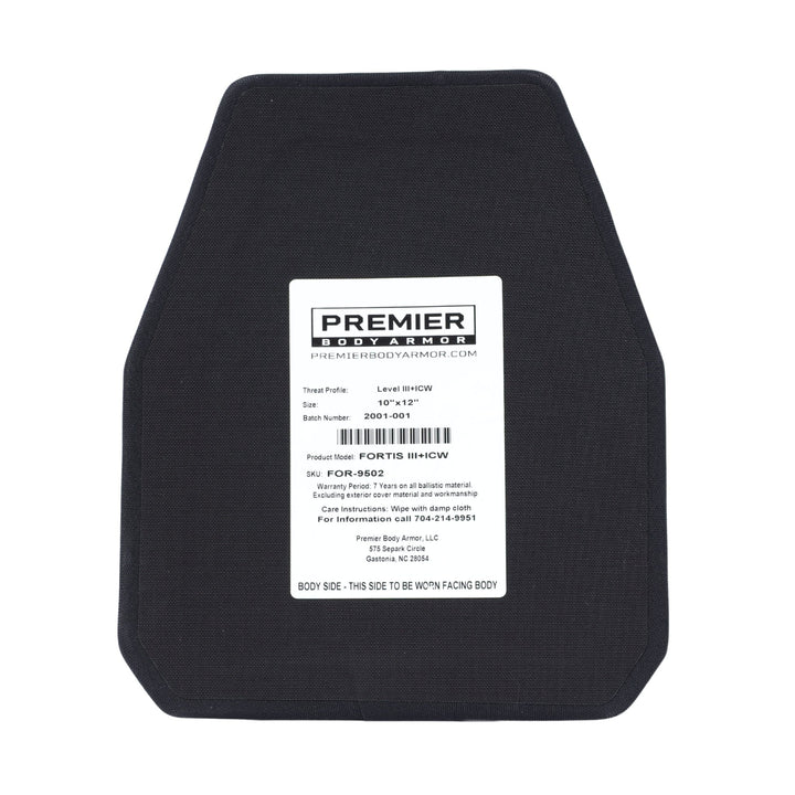 A rectangular black Fortis III+/RF1 ICW Multi-Curve ballistic plate by Premier Body Armor features a white central label with product and manufacturer details and is designed for use with a Level IIIA ballistic vest.