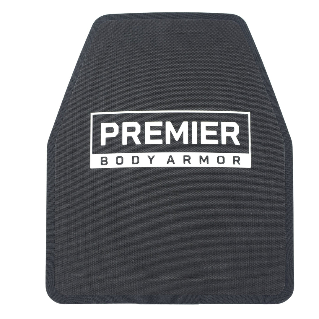 The Premier Body Armor Fortis IV/RF3 Multi-Curve is a black Level IV plate with a white center logo, multi-curve shape, tapered top, rounded edges, and advanced multi-hit protection for superior safety.