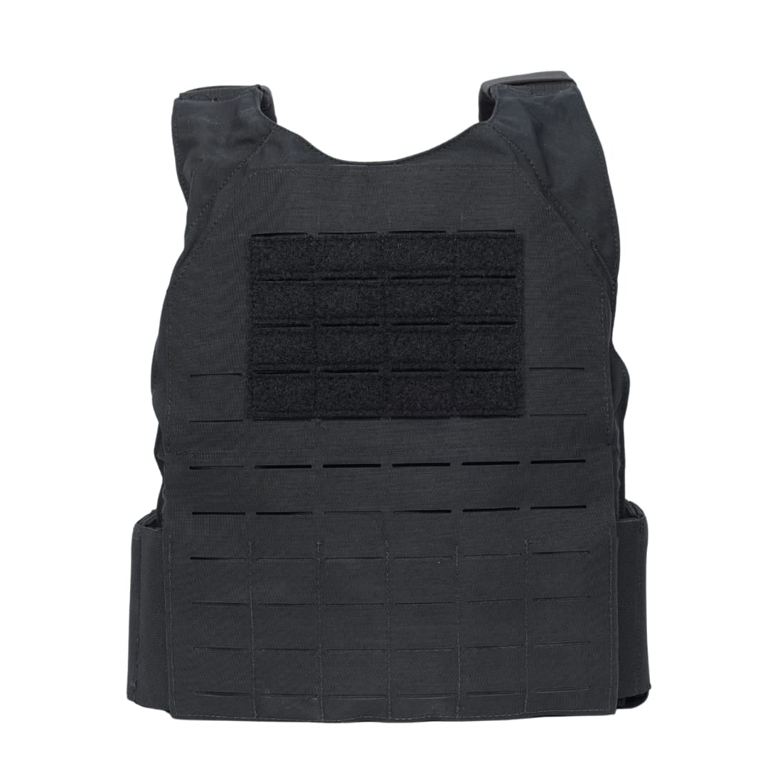 The Premier Body Armor Fortis Bravo Low Profile Carrier is a black bulletproof vest with a Velcro chest patch area and laser-cut MOLLE webbing rows, shown against a white background.