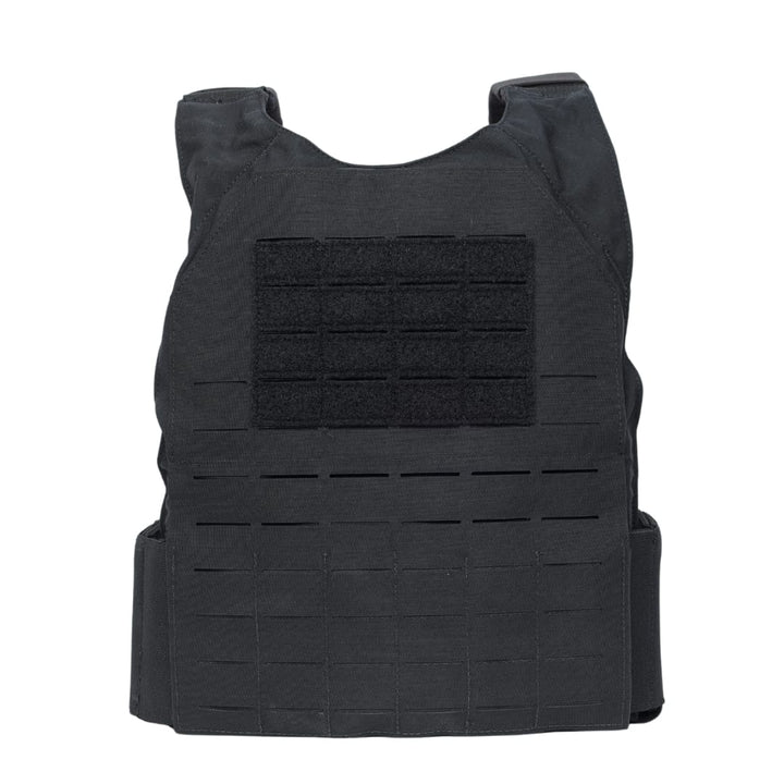 The Premier Body Armor Fortis Bravo Low Profile Carrier is a black bulletproof vest with a Velcro chest patch area and laser-cut MOLLE webbing rows, shown against a white background.