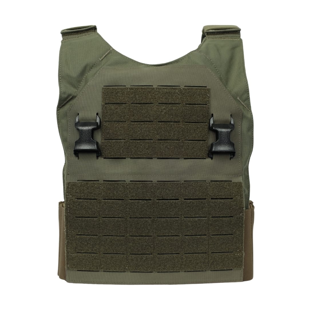 The Premier Body Armor Fortis Bravo Low Profile Carrier is a green vest with black buckles, a stretch cummerbund, and multiple hook-and-loop panels for gear or patches, shown against a plain white background.