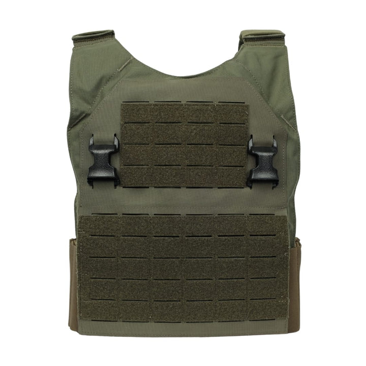 The Premier Body Armor Fortis Bravo Low Profile Carrier is a green vest with black buckles, a stretch cummerbund, and multiple hook-and-loop panels for gear or patches, shown against a plain white background.